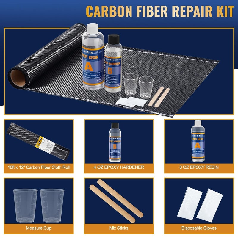 Krbnk 10FT Carbon Fiber Repair Kit, 12" Carbon Fabric Fiber Cloth Roll, 8OZ Epoxy Resin 4OZ Hardener, DIY Carbon Fiber Fabric Sheet Fibra de Carbono para Carro - Image 2